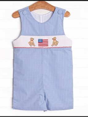 Stitchy Fish Pups and Pride Jon Jon patriotic shortall smocked dogs flag 9 month